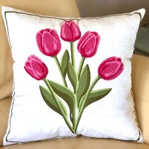 18x18 Embroidered Tufted Bouquet of Bright Pink Tulips Throw Pillow Cover New